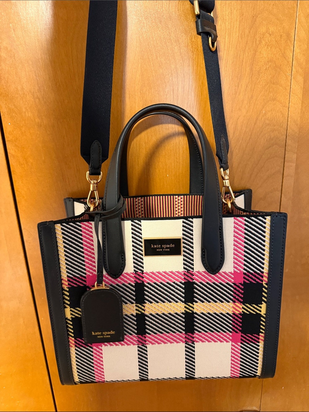 kate spade Black, White & Pink Plaid Small Tote